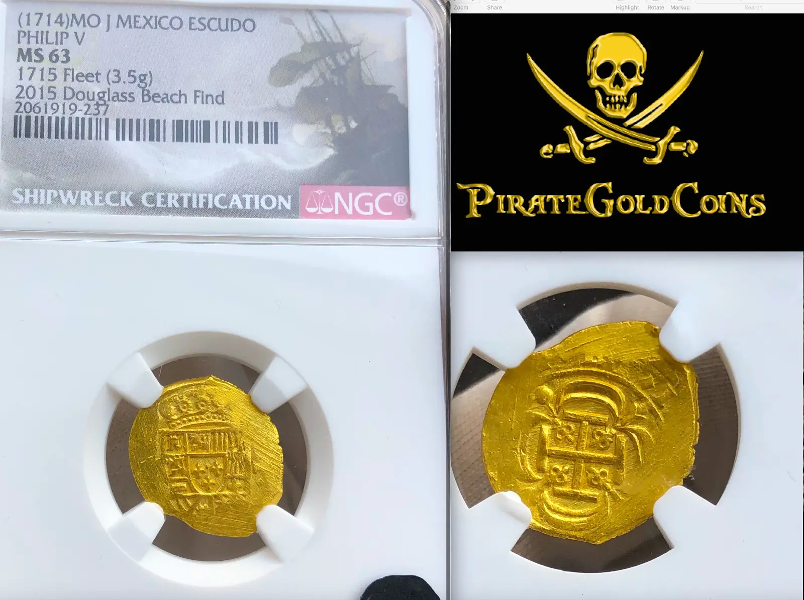 Mexico 1 Escudo 1714 "300th Anniversary- 1715 Fleet Shipwreck" NGC 63 