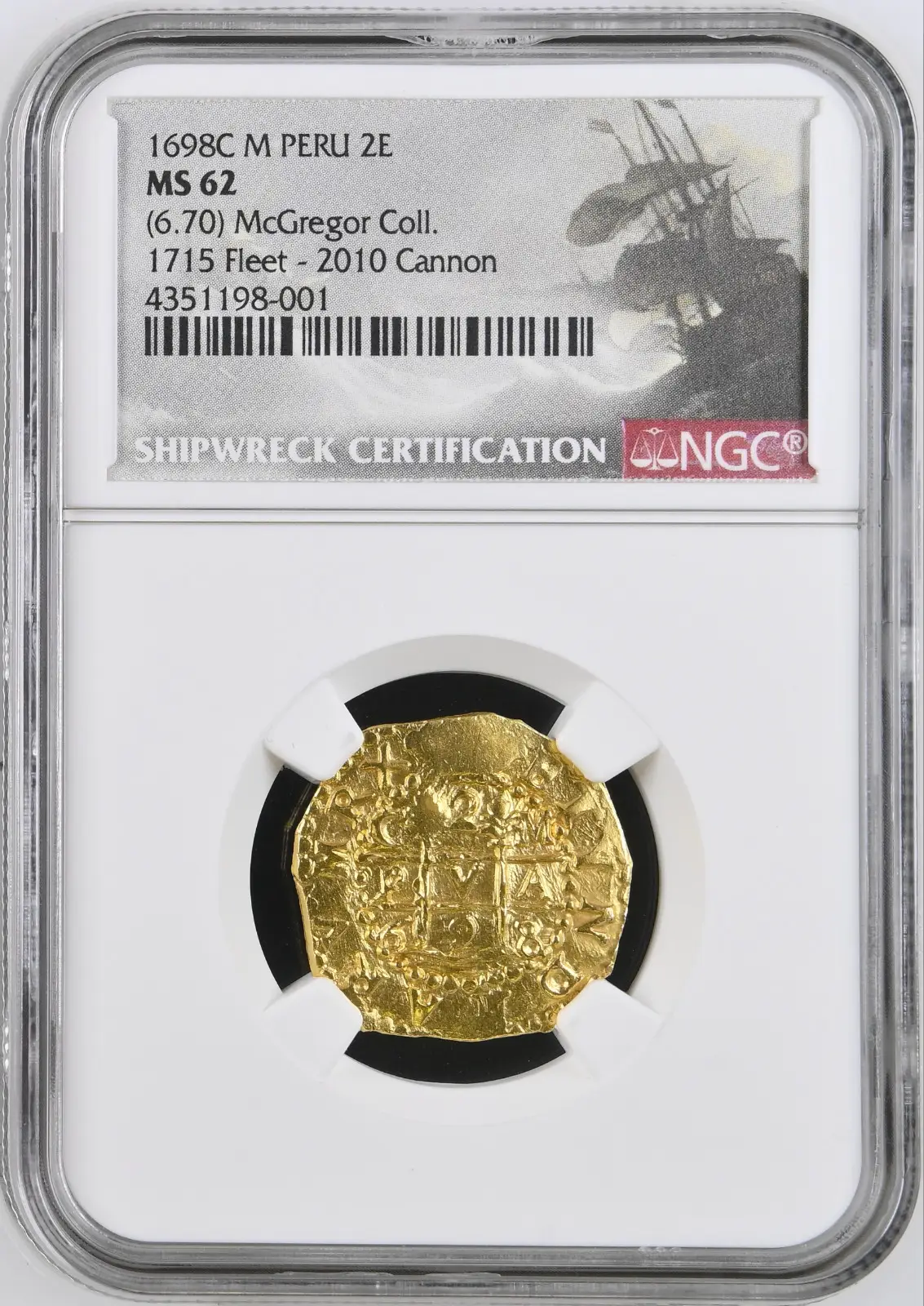 Peru 2 Escudos 1698 "Charles II ~ Cannon Find! 1715 Fleet Shipwreck" NGC 62  2