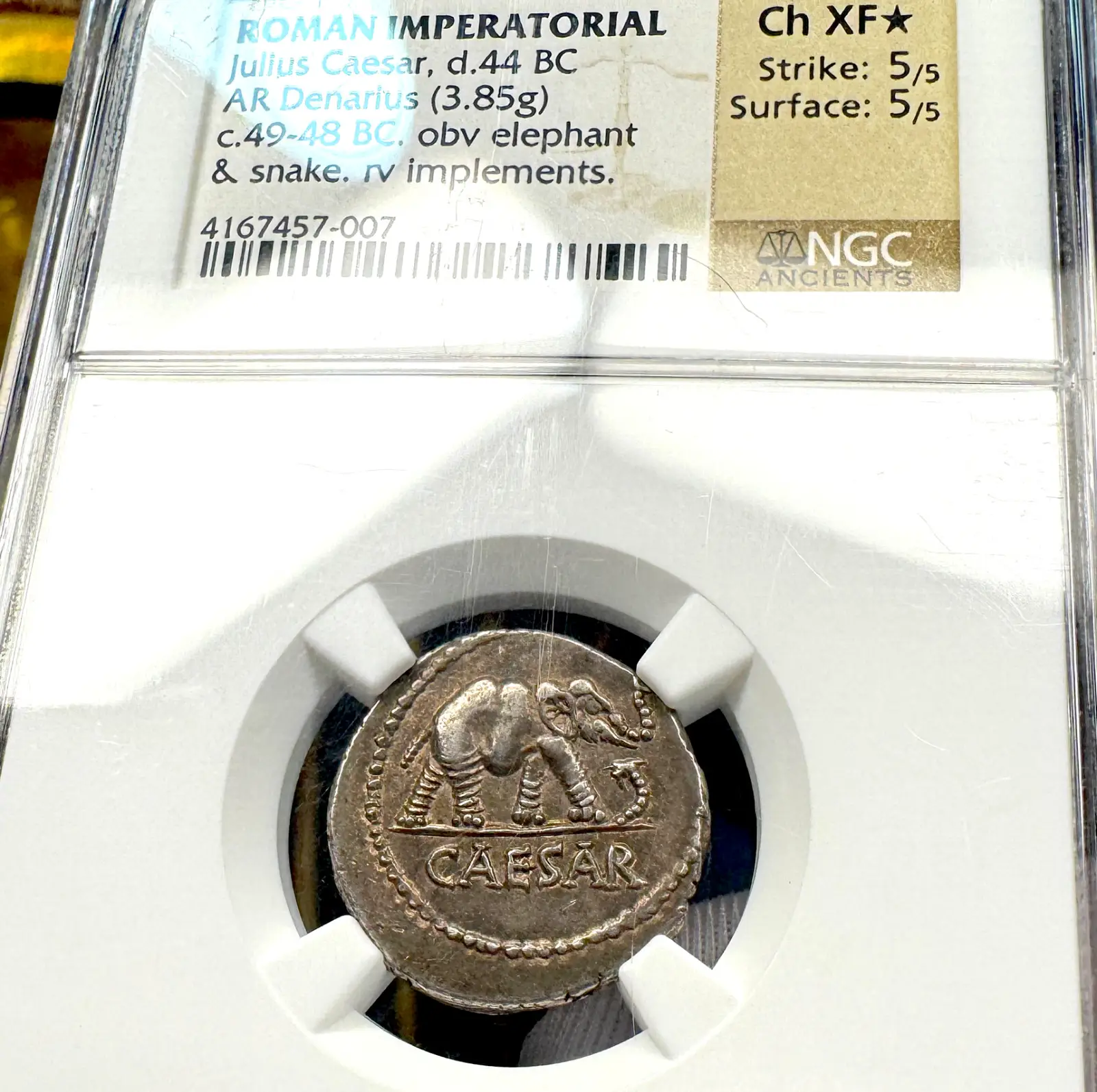 Roman Imperatorial "Julius Caesar - Elephant" NGC Ch XF★ 5X5