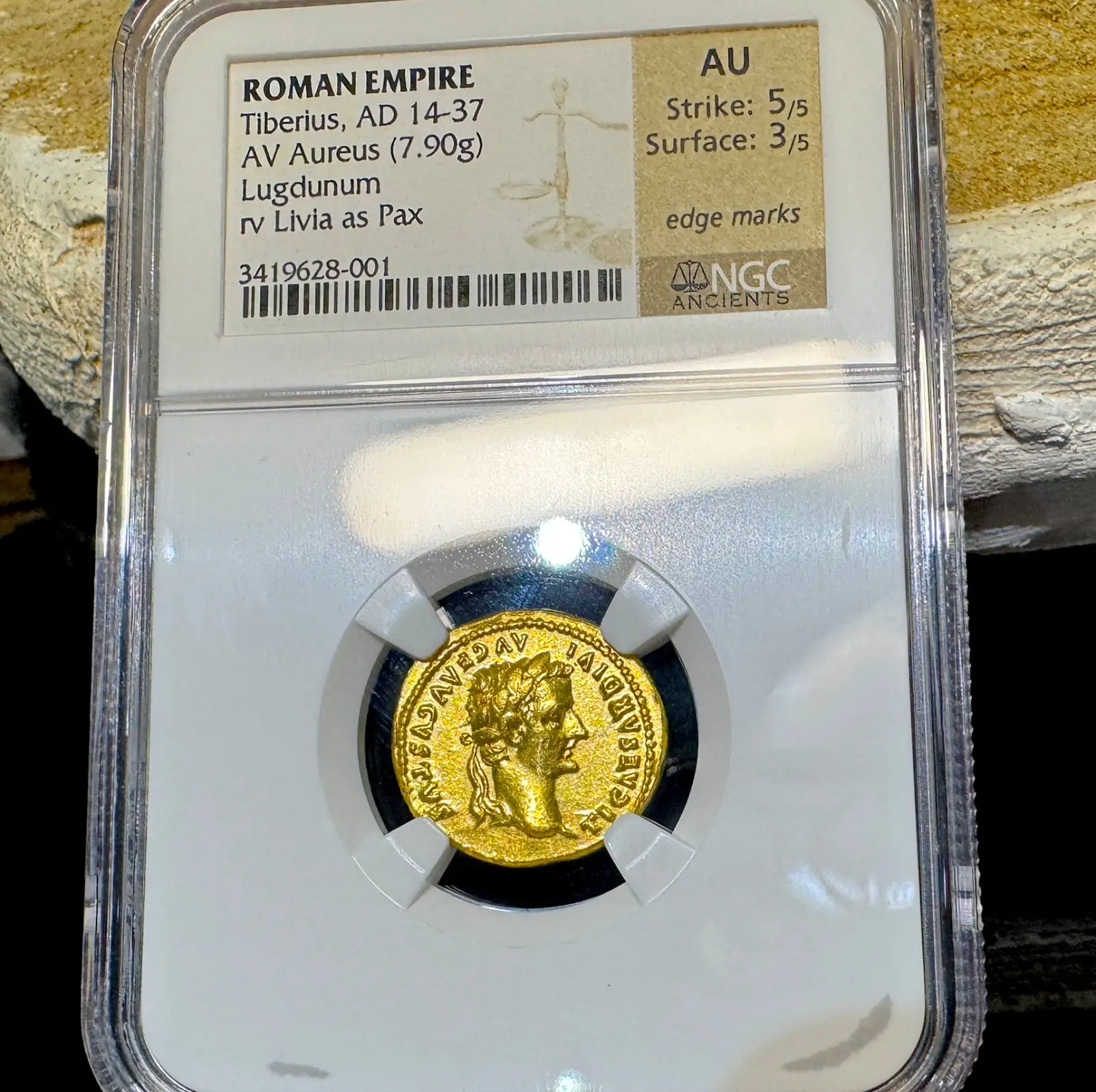 Roman Empire "Tiberius- 3rd of 12 Caesars" 14AD Aureus NGC AU