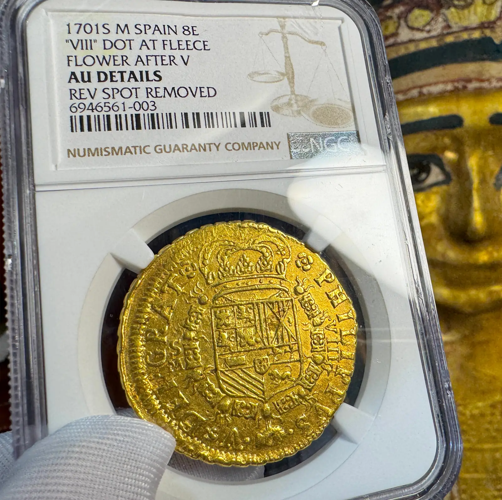 Spain 8 Escudos 1701 "Philip V" NGC AU 1st Year of Bourbon Dynasty