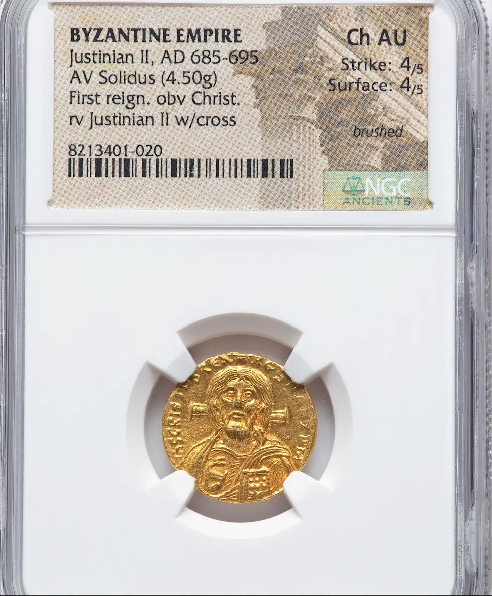 Byzantine Empire "Jesus Christ" Justinian II First Reign NGC Ch AU 4x4 #401-020 3