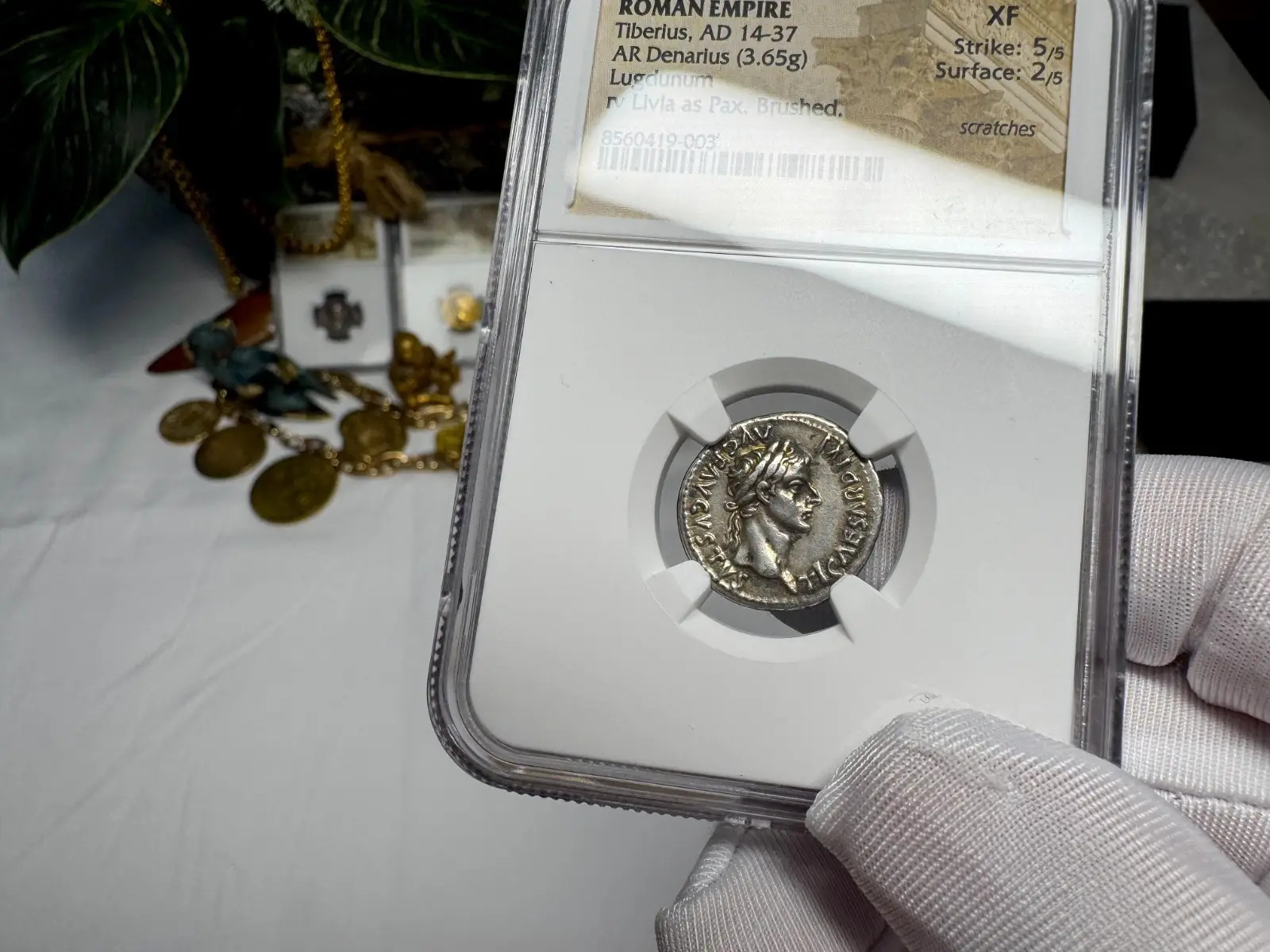 Roman Empire Tiberius "3rd of 12 CAESARS" Denarius "Jesus Tribute Penny" NGC XF #419-003 11