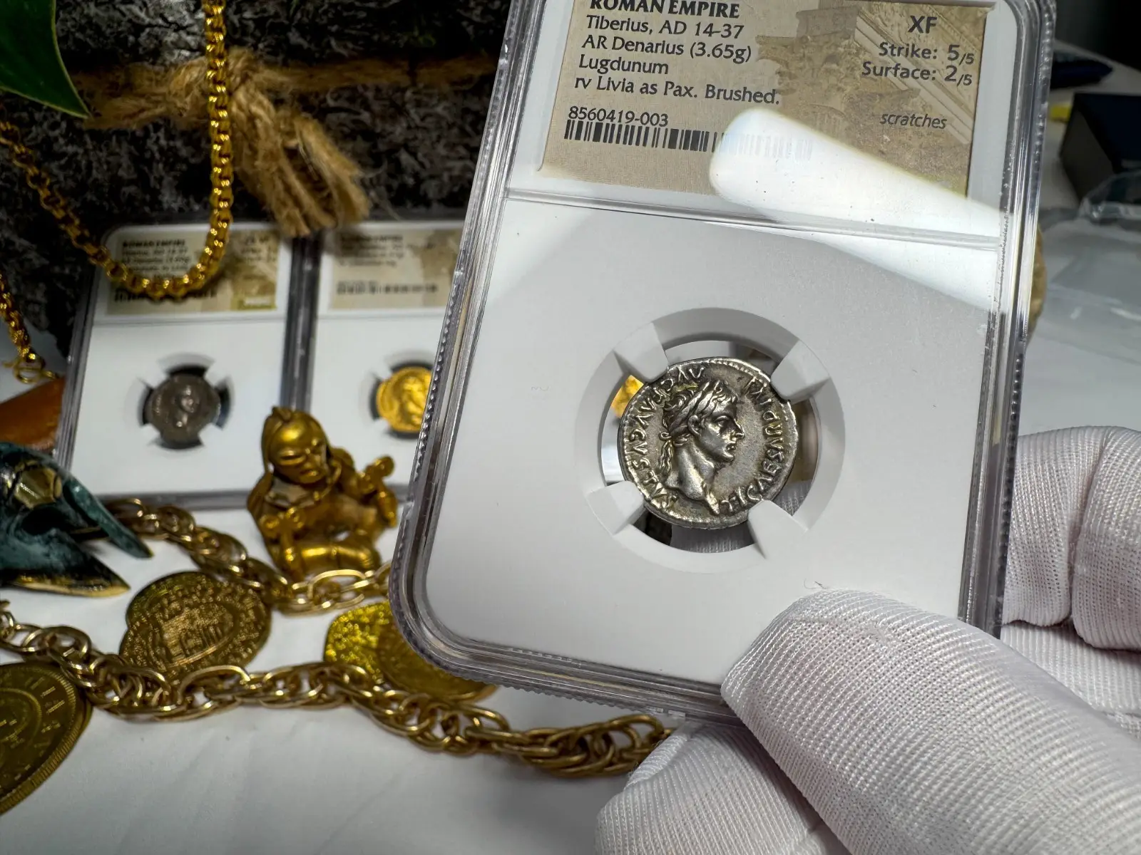 Roman Empire Tiberius "3rd of 12 CAESARS" Denarius "Jesus Tribute Penny" NGC XF #419-003 2
