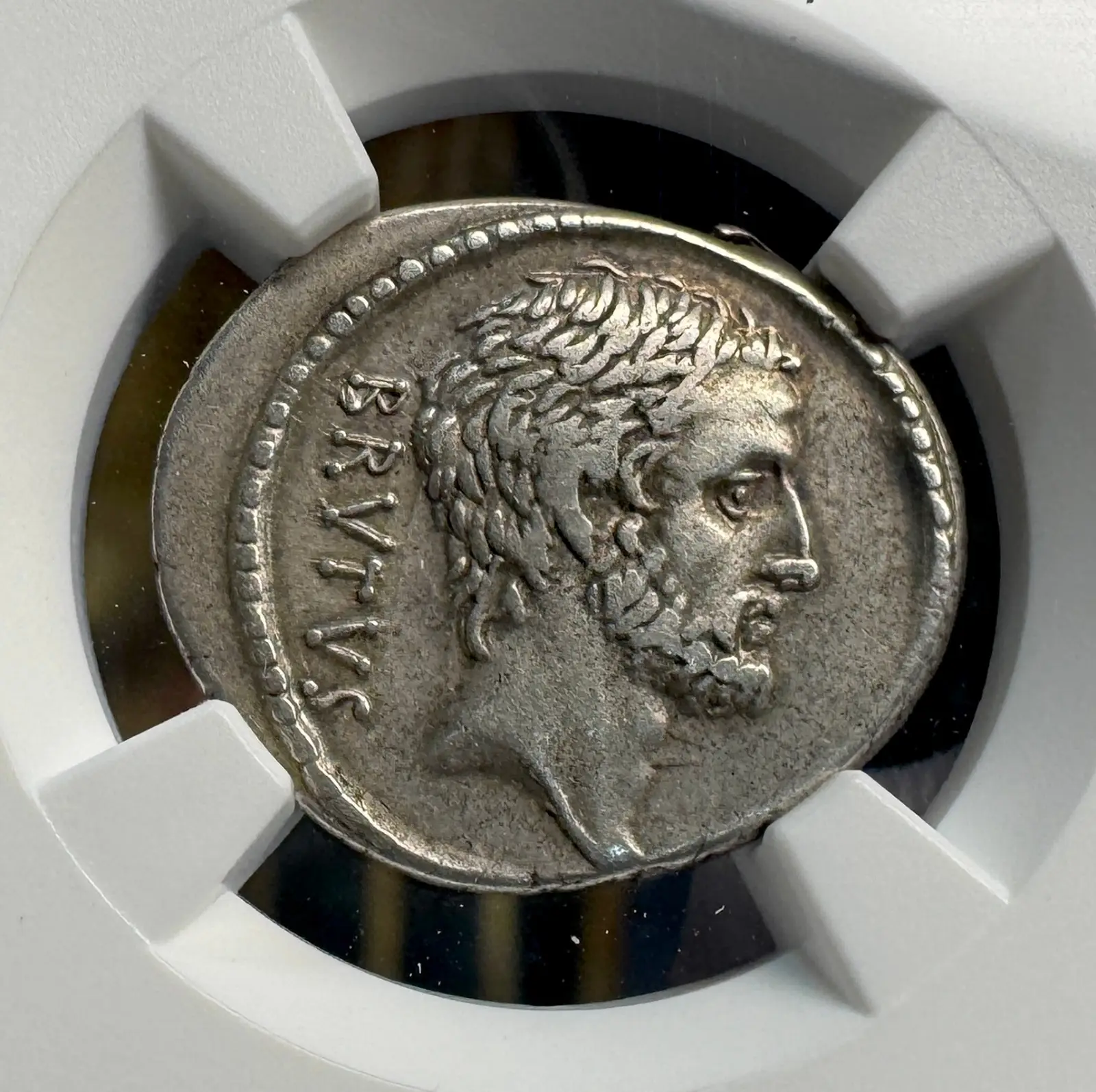 Roman Imperatorial "Brutus" 42BC Denarius NGC CH VF #746-003