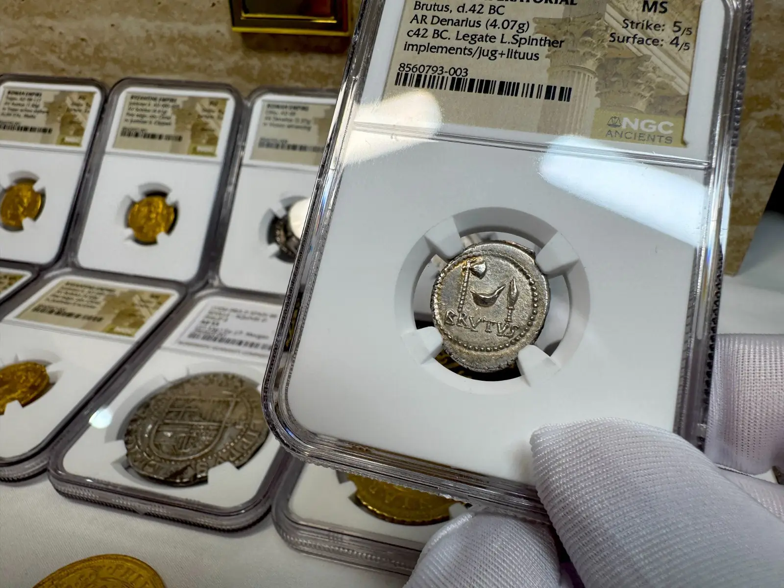 NGC MS! Roman Imperatorial "Marcus Brutus" 42BC Denarius Military Mint #793-003 22