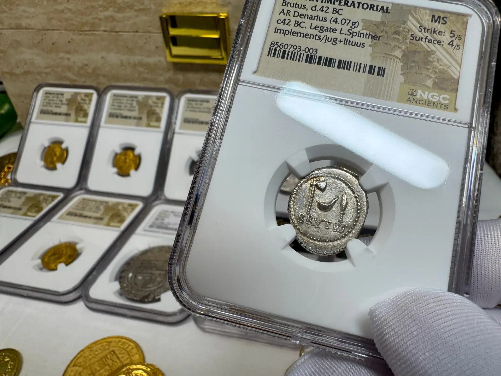 NGC MS! Roman Imperatorial "Marcus Brutus" 42BC Denarius Military Mint #793-003 2