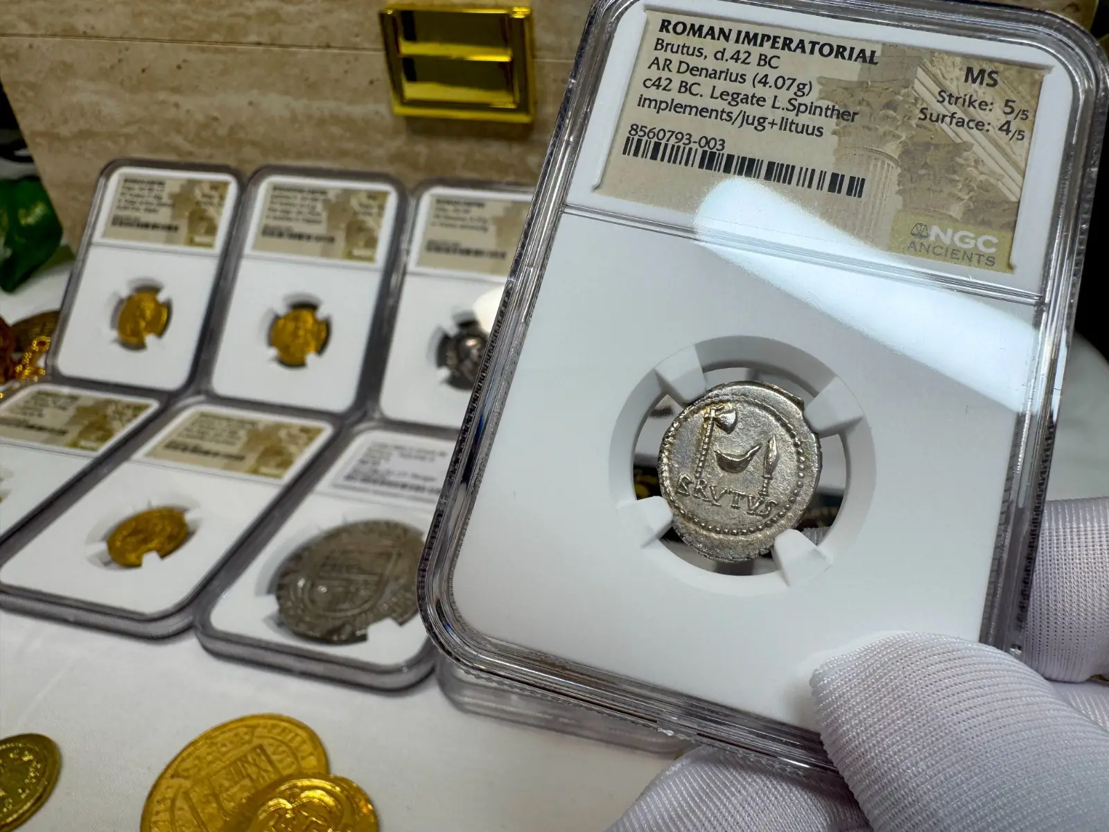 NGC MS! Roman Imperatorial "Marcus Brutus" 42BC Denarius Military Mint #793-003 14