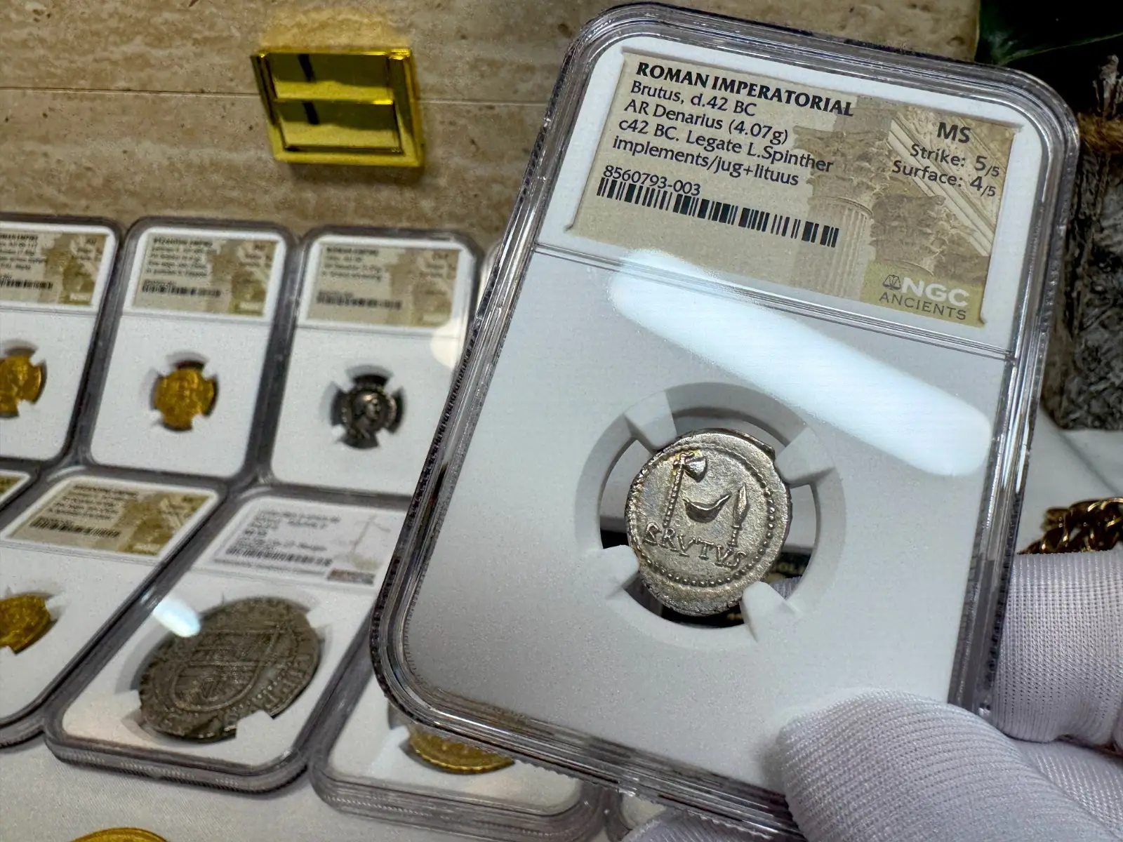 NGC MS! Roman Imperatorial "Marcus Brutus" 42BC Denarius Military Mint #793-003 9