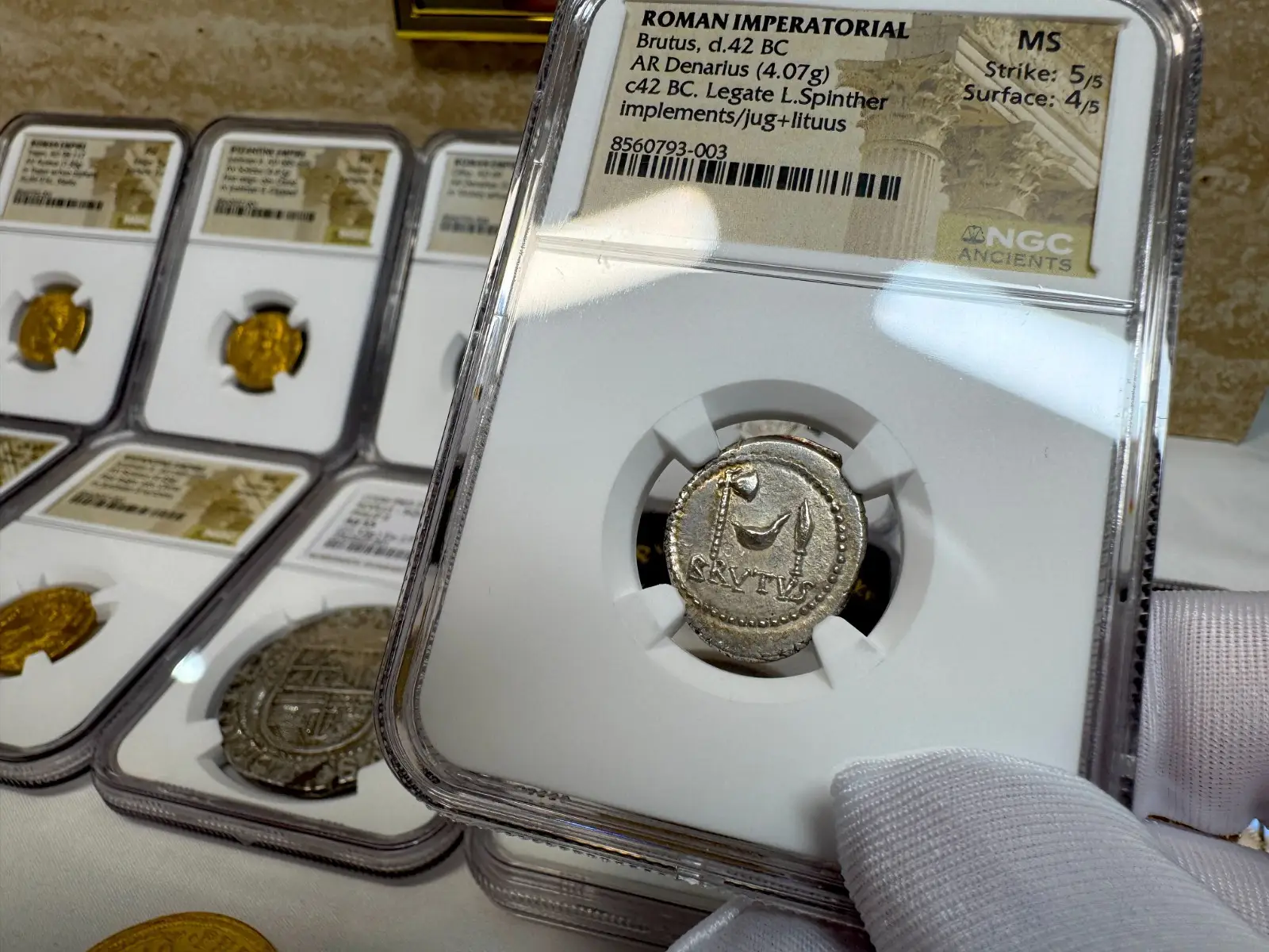 NGC MS! Roman Imperatorial "Marcus Brutus" 42BC Denarius Military Mint #793-003 17