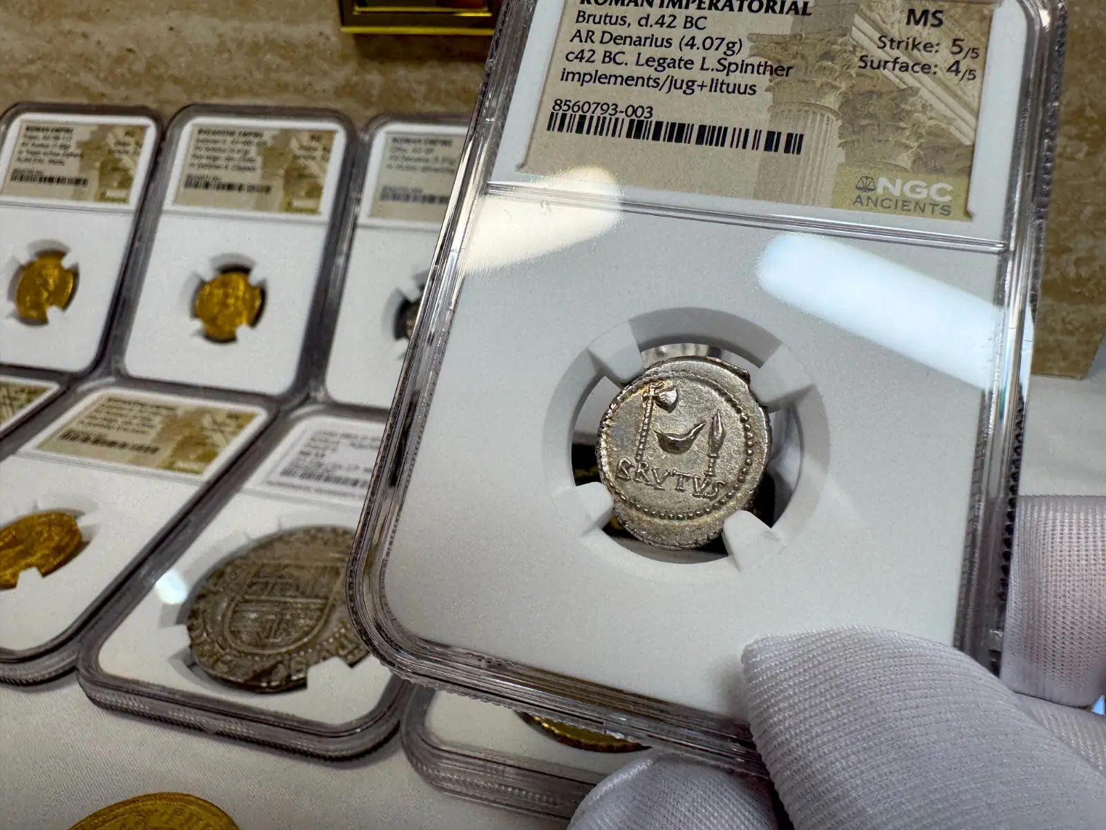 NGC MS! Roman Imperatorial "Marcus Brutus" 42BC Denarius Military Mint #793-003 21