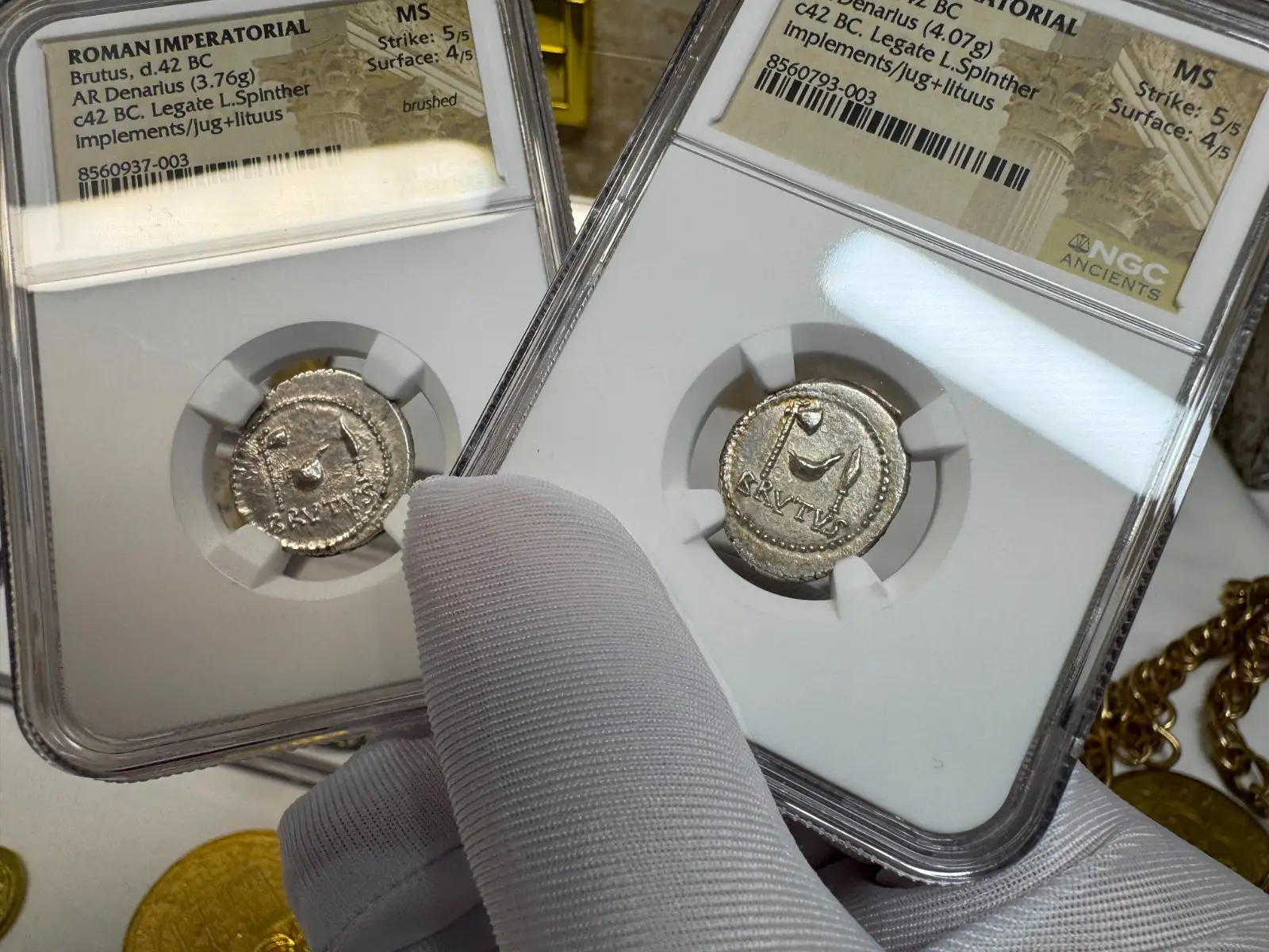 NGC MS! Roman Imperatorial "Marcus Brutus" 42BC Denarius Military Mint #793-003 23