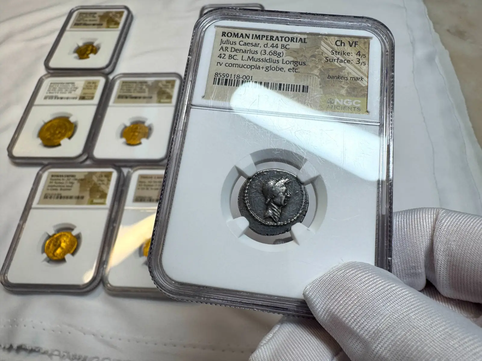 Roman Imperatorial "Julius Caesar- 1st of 12 Caesars" Denarius 44BC NGC Ch VF #118-001 2