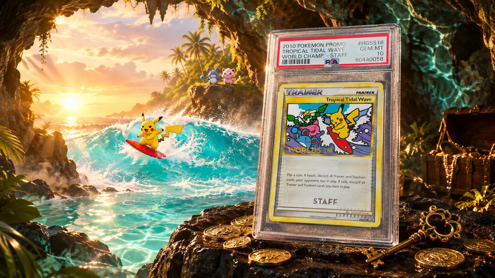 POP 8! ~ PSA 10 Tropica Tidal Wave *Staff Card* Pokemon World Champ Pikachu 9