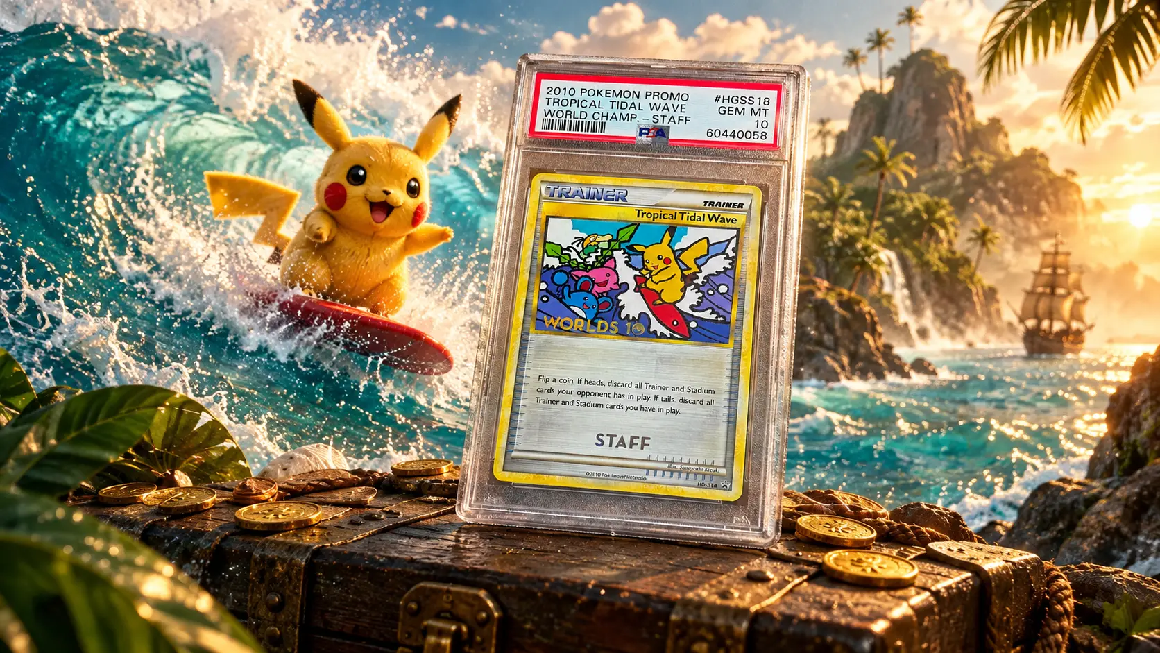 POP 8! ~ PSA 10 Tropica Tidal Wave *Staff Card* Pokemon World Champ Pikachu 8