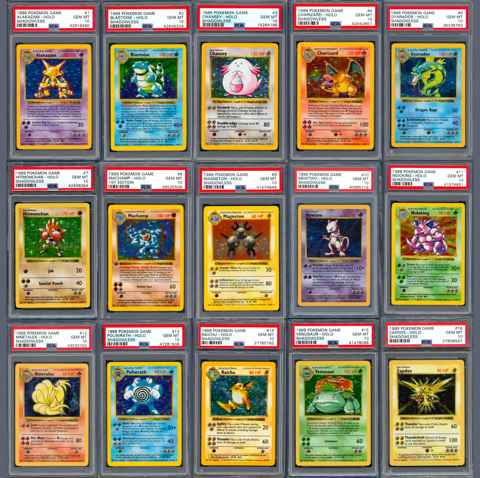 Pokemon Shadowless 1999 PSA 10 Base Set! Charizard, Blastoise, Venusaur, Mewtwo, Chansey