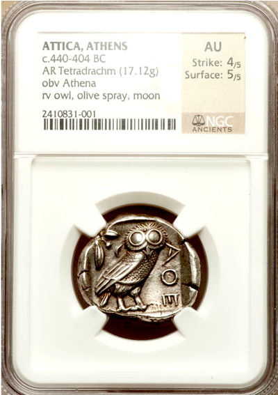ATTICA, ATHENS  440-404 BC  TETRADRACHM ATHENA OWL  ~ NGC AU 4x5 ~ 2