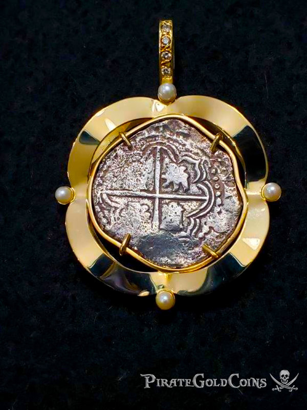 Atocha 1622 Shipwreck Bolivia 2 Reales in 18kt Bezel with Diamond and Pearls