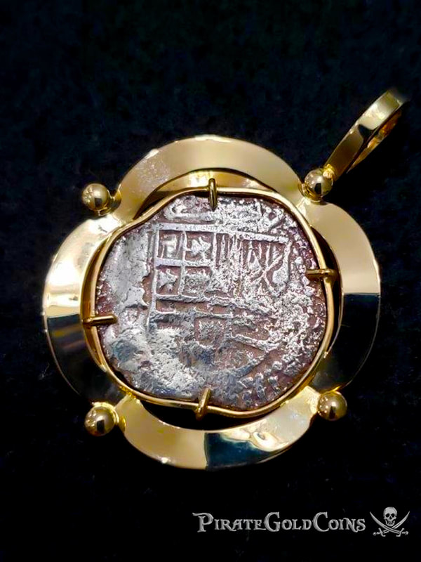 Atocha 1622 Shipwreck Bolivia 2 Reales in 18kt Bezel with Diamond and Pearls 2