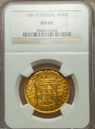 PORTUGAL 1689 GOLD 4000 REIS  ~ NGC 65 ~  MS GEM LISBON MINT KING PEDRO II (PETER) - ONLY 6 GRADED 3
