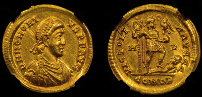 ROMAN EMPIRE, HONORIUS 393-423 AD, AV SOLIDUS NGC AU 5x3 MILAN MINT PERFECT STRIKE-HIGH LUSTER! 5