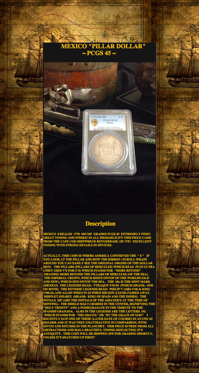 MEXICO  8 REALES  1770 PILLAR DOLLAR  ~ PCGS 45 ~ 8