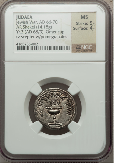JUDAEA  66 - 70 AD  AR SHEKEL  ~ NGC MS 5x4 ~  "JEWISH WAR- GREAT REVOLT"  YEAR 3!  JERUSALEM 2