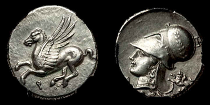 CORINTHIA CORINTH 345BC "PEGASUS & ATHENA" ~ NGC AU 5 x 5 FINEST STYLE ~ AR STATER SILVER