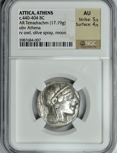 ATTICA, ATHENS  440-404 BC  TETRADRACHM  ATHENA OWL,  OLIVE FIG  ~ NGC AU 5x4 ~ 2