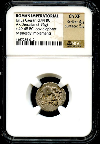 ROMAN IMPERATORIAL "CAESAR"  44BC AR DENARIUS ~ NGC CH XF 4/5 ~ ELEPHANT SILVER COIN 3