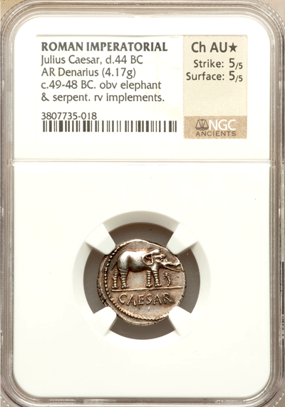 ROMAN IMPERATORIAL  "JULIUS CAESAR"  44BC  ELEPHANT NGC CH AU 5/5 STRIKE   5/5  SURFACE  "STAR" 3