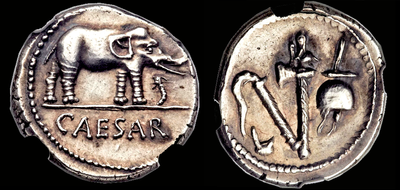 ROMAN IMPERATORIAL  "JULIUS CAESAR"  44BC  ELEPHANT NGC CH AU 5/5 STRIKE   5/5  SURFACE  "STAR" 5