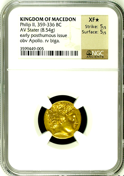 KINGDOM OF MACEDON (GREEK)  "PHILIP II"  359-336 BC ~ NGC  XF ★5 x 5 ~ ALEXANDER III STATER  ★STAR★ 3