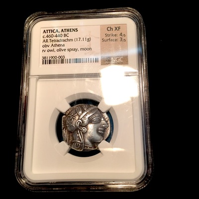 ATTICA, ATHENS 460- 440 BC   TETRADRACHM  ATHENA  OWL,  OLIVE FIG                      ~ NGC ch XF 4 x 3 ~ 10
