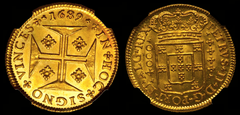 PORTUGAL 1689 GOLD 4000 REIS  ~ NGC 65 ~  MS GEM LISBON MINT KING PEDRO II (PETER) - ONLY 6 GRADED