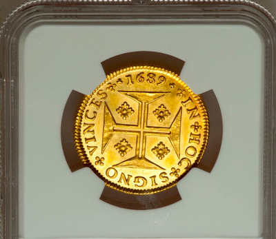 PORTUGAL 1689 GOLD 4000 REIS  ~ NGC 65 ~  MS GEM LISBON MINT KING PEDRO II (PETER) - ONLY 6 GRADED 6