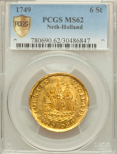 NETHERLANDS- HOLLAND  1749  6 STUIVERS (1/2 GULDEN)    ~ PCGC 62 ~ 2