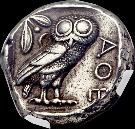 ATTICA, ATHENS 460- 440 BC TETRADRACHM ATHENA OWL, OLIVE FIG ~ NGC ch XF 4 x 3 ~