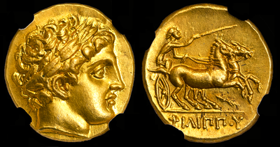 KINGDOM OF MACEDON (GREEK), "PHILIP II" 359-336 BC GOLD COIN "ALEXANDER III" ~ NGC CH AU 5 X 4 ~! 4