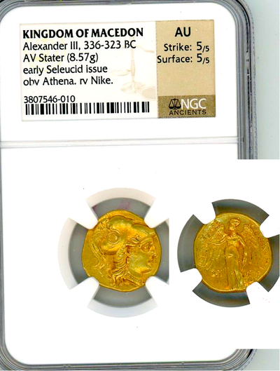KINGDOM of MACEDON- ALEXANDER III THE GREAT! 336BC NGC AU 5X5 AV STATER ATHENA – SELEUCID 11