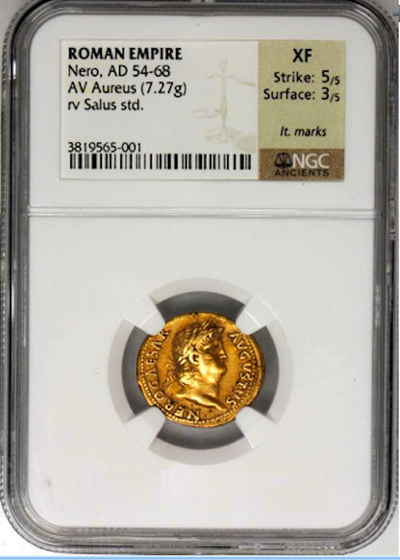 ROMAN EMPIRE "NERO" 54-68 AD  AV AUREUS ~ NGC XF 5x3 ~ ! NERO CLAUDIUS CAESAR AUGUSTUS  "POMPEII TREASURE" 5
