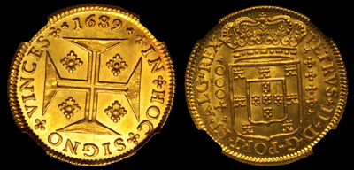 PORTUGAL 1689 GOLD 4000 REIS  ~ NGC 65 ~  MS GEM LISBON MINT KING PEDRO II (PETER) - ONLY 6 GRADED 4