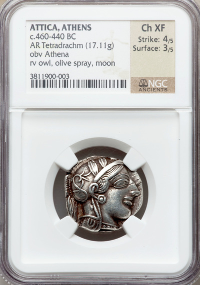 ATTICA, ATHENS 460- 440 BC   TETRADRACHM  ATHENA  OWL,  OLIVE FIG                      ~ NGC ch XF 4 x 3 ~ 3