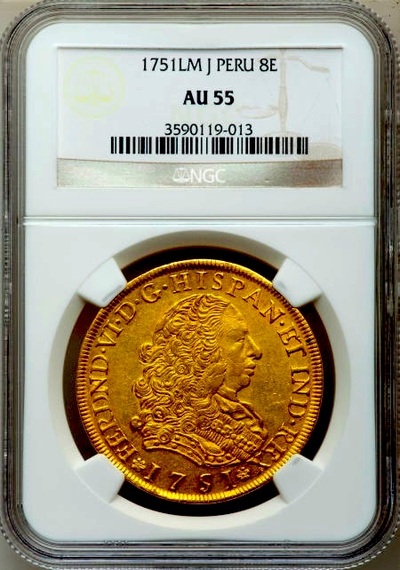 Peru 8 Escudos "King Ferdinand VI" 1751 NGC 55 2