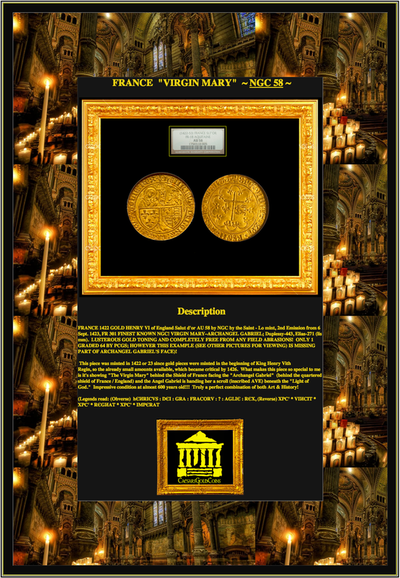 FRANCE 1422  KING HENRY VI  ~  NGC AU 58 ~  VIRGIN MARY - ARCHANGEL GABRIEL GOLD COIN! 4