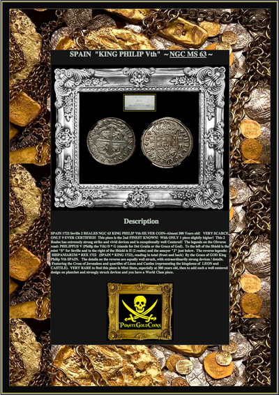 SPAIN  1722  KING PHILIP Vth  2 REALES  ~ NGC 63 ~ 5