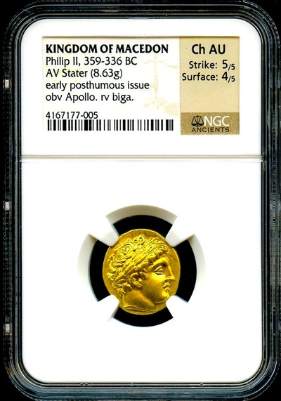 KINGDOM OF MACEDON (GREEK), "PHILIP II" 359-336 BC GOLD COIN "ALEXANDER III" ~ NGC CH AU 5 X 4 ~! 6