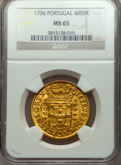 PORTUGAL 1706 GOLD 4000 REIS  ~ NGC 65 ~ FINEST KN.! "LISBON MINT" KING PEDRO II (PETER) - ONLY 3 GRADED 2