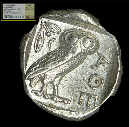 ATTICA, ATHENS 440-404 BC TETRADRACHM ATHENA OWL, OLIVE FIG ~ NGC AU 5x4 ~