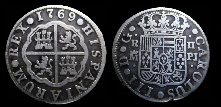 SPAIN 2 REALES 1769 KING CARLOS II almost 250 Years old!  Gorgeous Toning